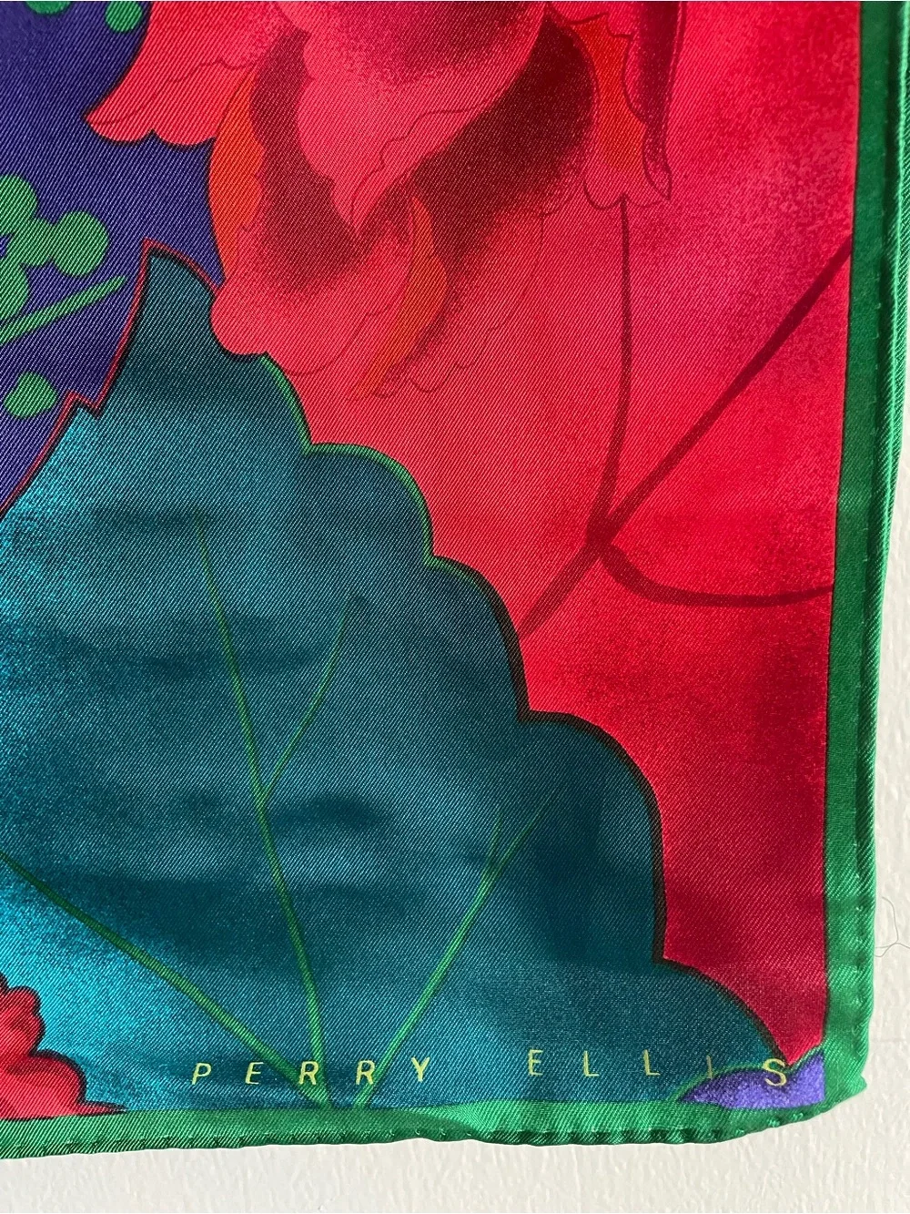 Vintage Perry Ellis extra long silk scarf wrap flowers floral abstract leaves